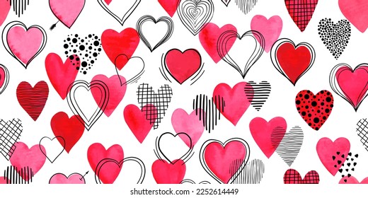 Beautiful Seamless pattern with red watercolor hearts with doodle sketch heart. design for holiday greeting card and invitation of the wedding, Valentine's day and Happy love day