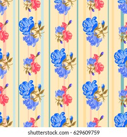 Beautiful seamless pattern with red and yellow roses on a striped background.Vector illustration in the style of shabby chic.Print for book covers, textile,fabric,wrapping gift paper