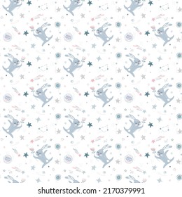 Beautiful seamless pattern of repeating hand drawn fairy bunny, rabbit holding flower, surrounded with colored dots, stars over white background. Perfect nursery children, greeting, baby shower card.