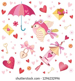 Beautiful seamless pattern of romantic atmosphere things. Decorative vector illustration texture on white background