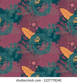 Beautiful seamless pattern with ropical jungle palm leaves and abstract texture in collage style. Colorful nature floral endless background