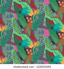 Beautiful seamless pattern with ropical jungle palm leaves and abstract texture in collage style. Colorful nature floral endless background