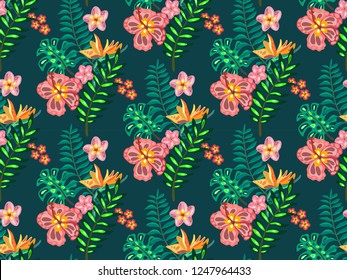 Beautiful seamless pattern with ropical jungle palm leaves, exotic flowers. Colorful nature floral endless background.