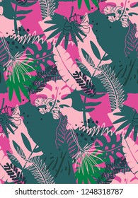 Beautiful seamless pattern with ropical jungle palm leaves and abstract texture in collage style. Colorful nature floral endless background.