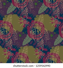 Beautiful seamless pattern with ropical jungle palm leaves and abstract texture in collage style. Colorful nature floral endless background.