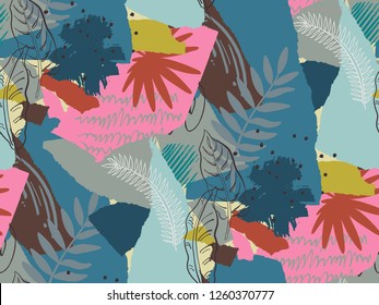 Beautiful seamless pattern with ropical jungle palm leaves and abstract texture in collage style. Colorful nature floral endless background.