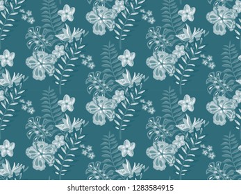 Beautiful seamless pattern with ropical jungle palm leaves, exotic flowers. Monochrome nature floral endless background
