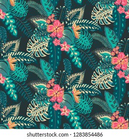 Beautiful seamless pattern with ropical jungle palm leaves, exotic flowers. Colorful nature floral endless background