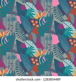 Beautiful seamless pattern with ropical jungle palm leaves and abstract texture in collage style. Colorful nature floral endless background