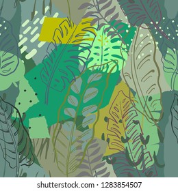 Hermoso patrón sin fisuras con hojas de palma de jungla trópica y textura abstracta en estilo de collage. Naturaleza colorida y fondo interminable