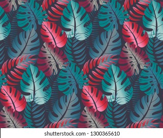 Beautiful seamless pattern with ropical jungle palm, monstera leaves. Colorful nature floral endless background.