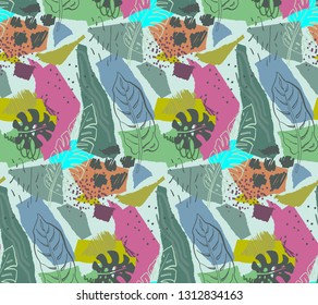 Beautiful seamless pattern with ropical jungle palm leaves and abstract texture in collage style. Colorful nature floral endless background