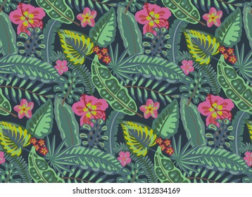 Beautiful seamless pattern with ropical jungle palm leaves, exotic flowers. Colorful nature floral endless background