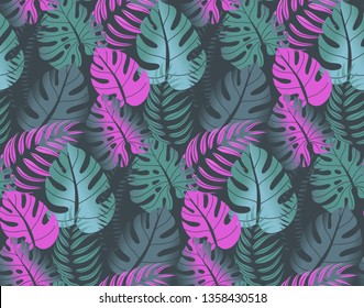 Beautiful seamless pattern with ropical jungle palm, monstera leaves. Colorful nature floral endless background