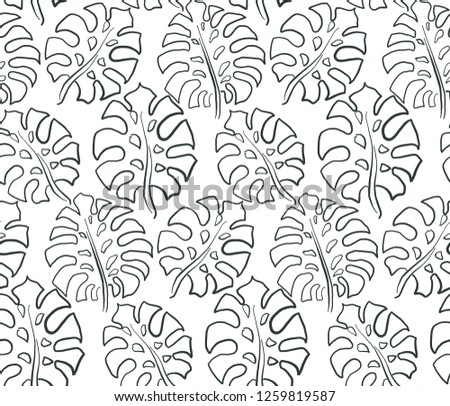Beautiful seamless pattern with ropical jungle palm, monstera leaves. Black and white nature floral endless background
