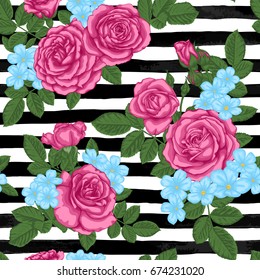 beautiful seamless pattern rosebuds, leaves, stems on black and white watercolor stripes . design greeting card and invitation of the wedding, birthday, Valentine's Day, mother's day and other holiday