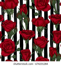 beautiful seamless pattern rosebuds, leaves, stems on black and white watercolor stripes. design greeting card and invitation of the wedding, birthday, Valentine's Day, mother's day and other holiday