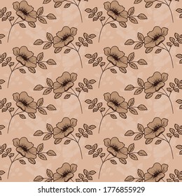 Hermoso patrón impecable con Rosehip sobre fondo beige. Para envolver papel, textil, papel pintado, plantillas de diseño. Textura interminable dibujada a mano por vectores.