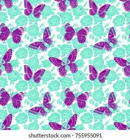 beautiful seamless pattern of roses and colorful butterflies. Hand-drawn illustration