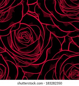 beautiful seamless pattern in roses with contours. Hand-drawn contour lines and strokes. Perfect for background greeting cards and invitations of the wedding, birthday, Valentine's Day