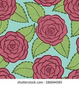 beautiful seamless pattern in roses and leaves lace. Hand-drawn contour lines and strokes. Perfect for background greeting cards and invitations of the wedding, birthday, Valentine's Day