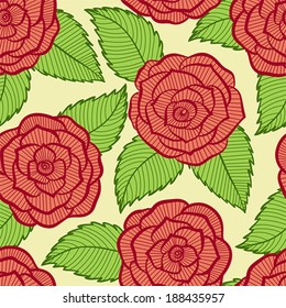 beautiful seamless pattern in roses and leaves lace. Hand-drawn contour lines and strokes. Perfect for background greeting cards and invitations of the wedding, birthday, Valentine's Day