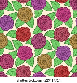 beautiful seamless pattern in roses and leaves lace. Hand-drawn contour lines and strokes. Perfect for background greeting cards and invitations of the wedding, birthday, Valentine's Day