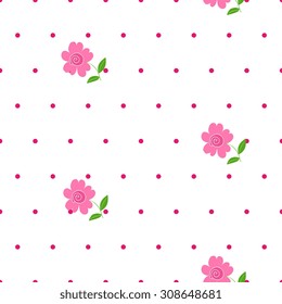 Beautiful seamless pattern with roses and pink dots on white background. Elegant vector illustration for textile, fabrics, prints,  wrapping paper, covers, backgrounds.. Endless texture with flowers. 
