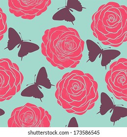 Beautiful seamless pattern with roses and silhouettes of butterflies. Painted in pastel colors in graphic style