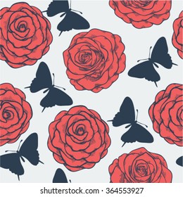 Beautiful seamless pattern with roses and silhouettes of butterflies. Perfect background greeting cards and invitations to the day of the wedding, birthday, Valentine's Day, mother's day