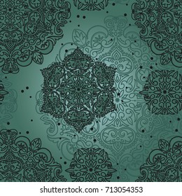 beautiful seamless pattern with rosette ornaments, emerald palette, vector illustration