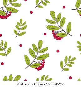 Beautiful seamless pattern with rowan berries and leaves. Summer green and red botanical pattern