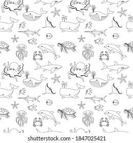 Beautiful seamless pattern with sea fish in outline on a white background. Sea animals in a flat style. Cartoon wildlife for web pages.
Stock vector illustration for decor, design, textiles,
wallpaper