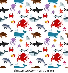 Beautiful seamless pattern with sea fish on a white background. Sea animals in a flat style. Cartoon wildlife for web pages.
Stock vector illustration for decor, design, textiles,
wallpaper