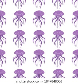 Beautiful seamless pattern with sea jellyfish on a white background. Marine reptiles in a flat style. Cartoon wildlife for web pages. Stock vector illustration for decor and design, textiles