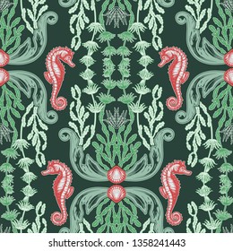 Beautiful seamless pattern with sea plants. Nautical style pattern. Vector texture for wallpapers, textile, fabric.