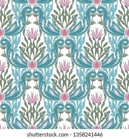 Beautiful seamless pattern with sea plants. Nautical style pattern. Vector texture for wallpapers, textile, fabric.