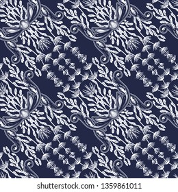 Beautiful seamless pattern with sea plants. Nautical style pattern. Vector texture for wallpapers, textile, fabric.