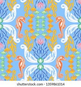 Beautiful seamless pattern with sea plants. Nautical style pattern. Vector texture for wallpapers, textile, fabric.