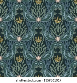 Beautiful seamless pattern with sea plants. Nautical style pattern. Vector texture for wallpapers, textile, fabric.