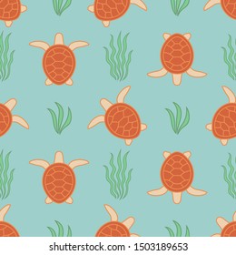 Beautiful seamless pattern with sea turtles and algae. Sea background. Vector colorful illustration EPS10