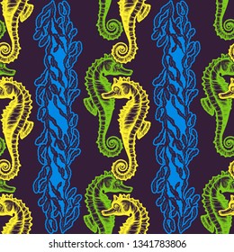 Beautiful seamless pattern with seahorses. Nautical style pattern. Vector texture for wallpapers, textile, fabric.