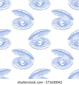 beautiful seamless pattern of seashells with pearls. hand drawn illustration