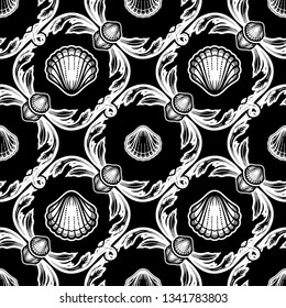 Beautiful seamless pattern with shells. Baroque tattoo style pattern. Vector texture for wallpapers, textile, fabric.