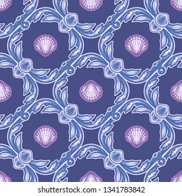 Beautiful seamless pattern with shells. Baroque tattoo style pattern. Vector texture for wallpapers, textile, fabric.