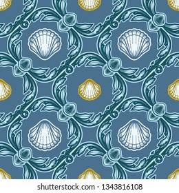 Beautiful seamless pattern with shells. Baroque tattoo style pattern. Vector texture for wallpapers, textile, fabric.