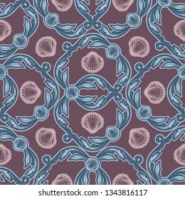 Beautiful seamless pattern with shells. Baroque tattoo style pattern. Vector texture for wallpapers, textile, fabric.