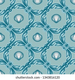 Beautiful seamless pattern with shells. Baroque tattoo style pattern. Vector texture for wallpapers, textile, fabric.