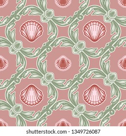 Beautiful seamless pattern with shells. Tattoo style pattern. Vector texture for wallpapers, textile, fabric.