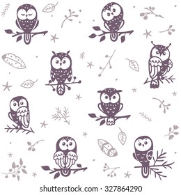 Beautiful seamless pattern with silhouette cute owls. Vector illustration